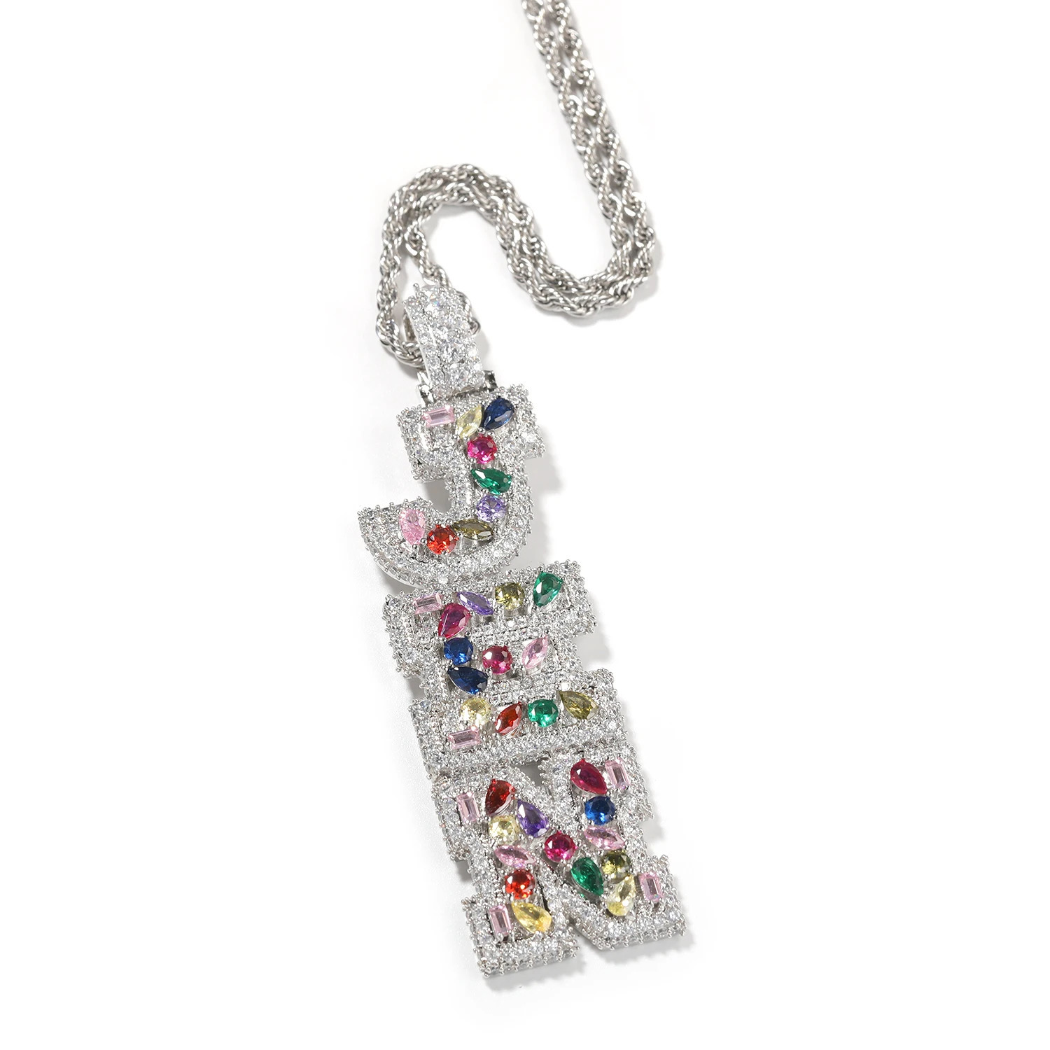 UWIN Custom Mix Color CZ Letter Necklaces Iced Out 5A Irregular Baguettecz Vertical Name Pendants Personalized Fashion Jewelry w251121