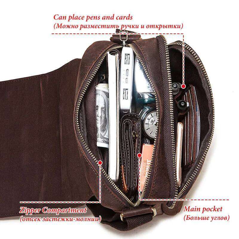 Fashion Crazy Horse Leather Men's Messenger Flap Large Capacity Crossbody Top Quality Shoulder Sling Bag Tote