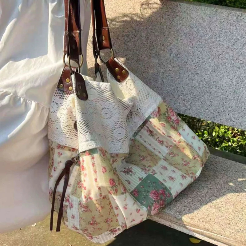 Vintage Contrast Color Patchwork Handbags Women Fairy Floral Print Chic Underarm Bag Casual Shopping Shoulder Bags Y2k Aesthetic 251029