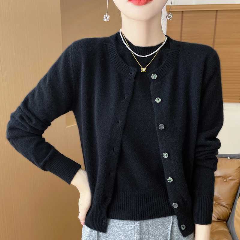 Women 100 Merino Wool Two Piece Set Sweater Oneck Long Sleeve Cardigan and Short Sleeve Pullover All Seasons Cashmere Knit TopT251028