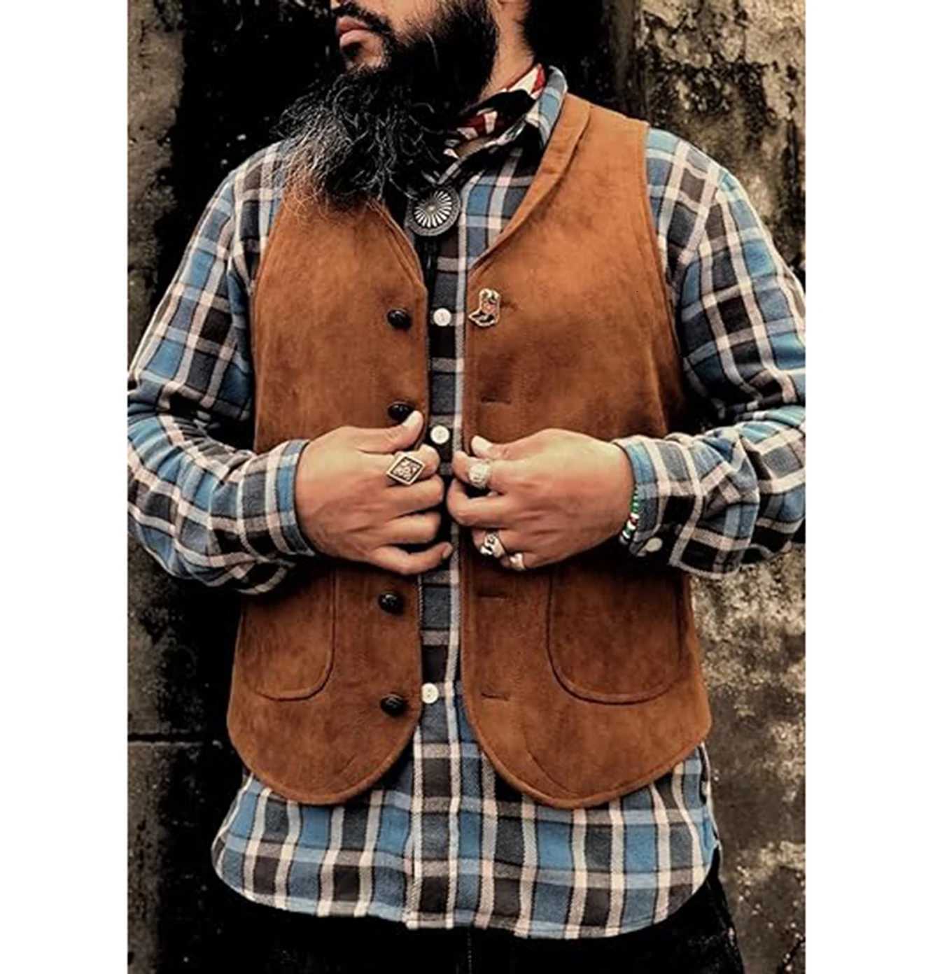 Mens Suede Leather Vest Cowhide Waistcoat Man Western Cowboy Vests with Pockets W251029