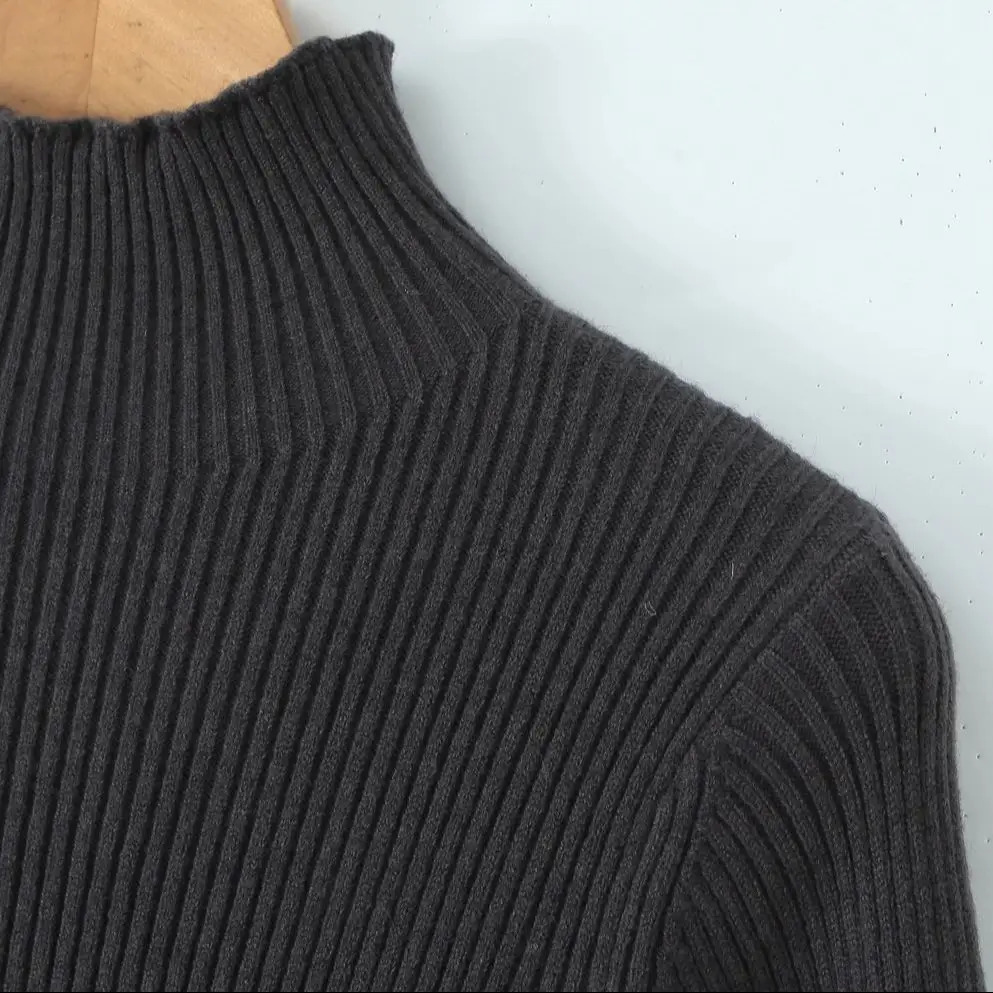 2025 Sexy High Collar Rib Line Knitted Long Flare Sleeve Sweater Dress Women Slim Waist Swing Short Dresses Knitwear Robe Brown 251029