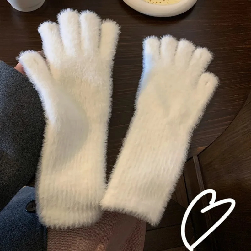 Sweet Mink Wool Long Gloves Women Winter Thicken Knitted Warm Short Fluffy Plush Mittens Protective Arm Anticold Outdoor Gloves 251029