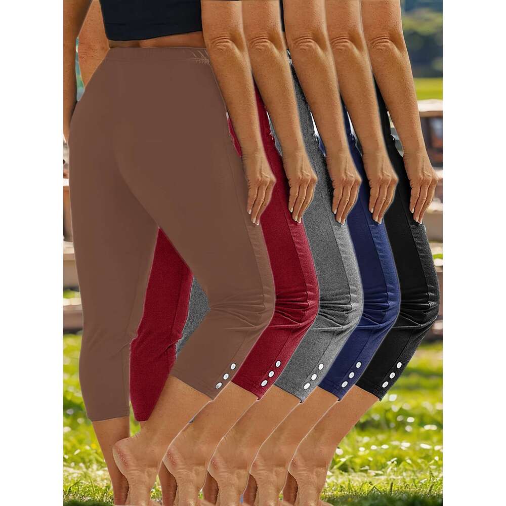 5pcs Plus Size Women's Capri Leggings - High Stretch, Solid Color with Button Detail, Perfect for Yoga & Running