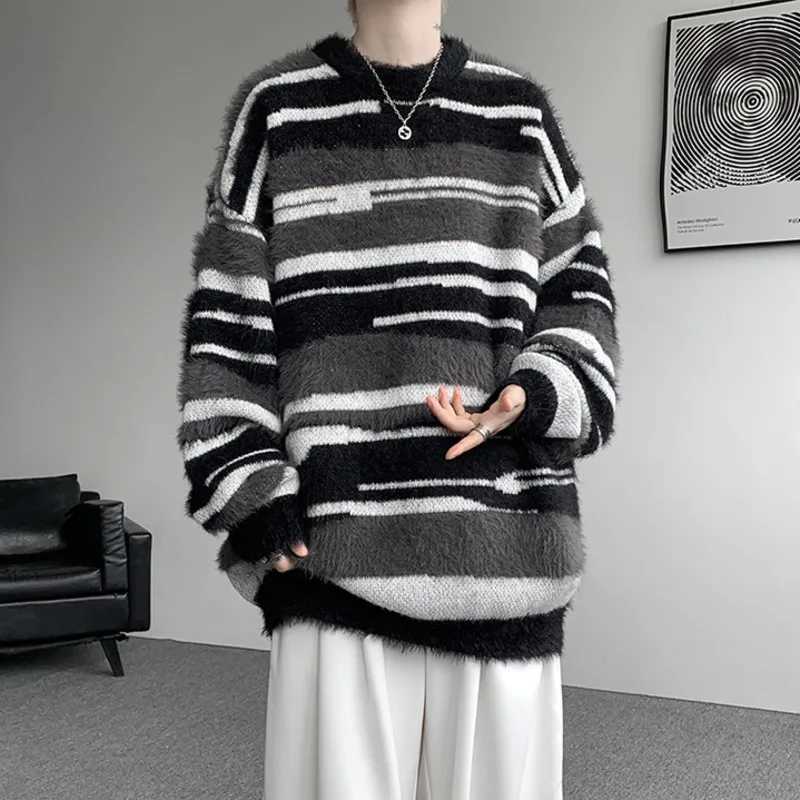 FEWQ Niche Design Mens Sweaters Round Collar Striped Design Contrast Color Cloth Mohair Pullover Male Knitting Tops 24K6063 J251029