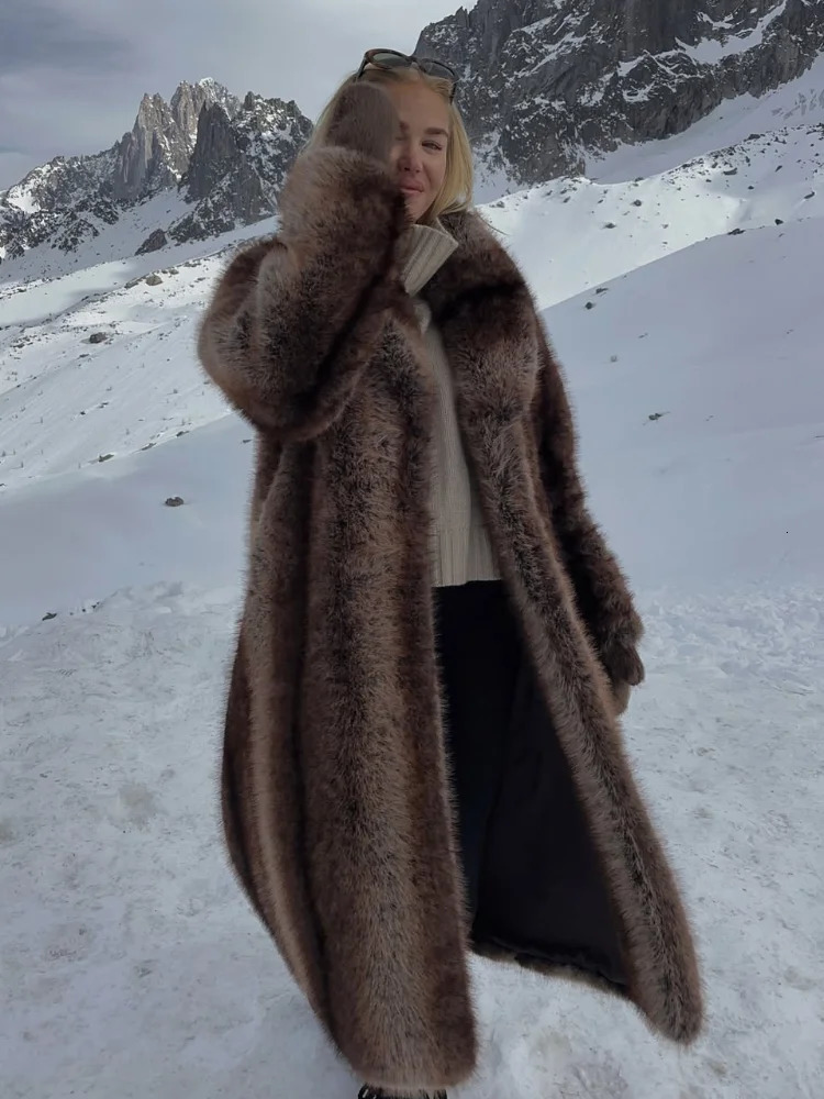 Womens Casual Lapel Faux Fur Long Coat Loose Solid Color Full Sleeve Furry Jackets Ladies Fashion Winter Warm Streerwear Coats 251029