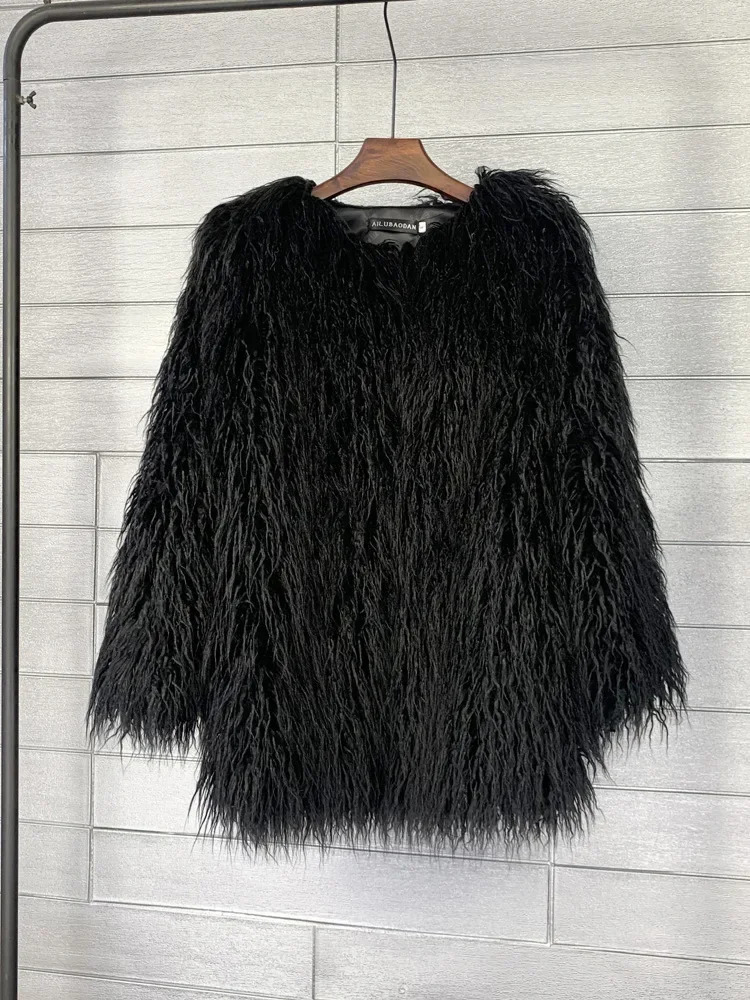 Mongolia Sheep Fur Women Medium Long Coat Jacket Colorful Warm Faux Fur Plush Coats Female Jacket Autumn Winter Furry Outerwear 251029