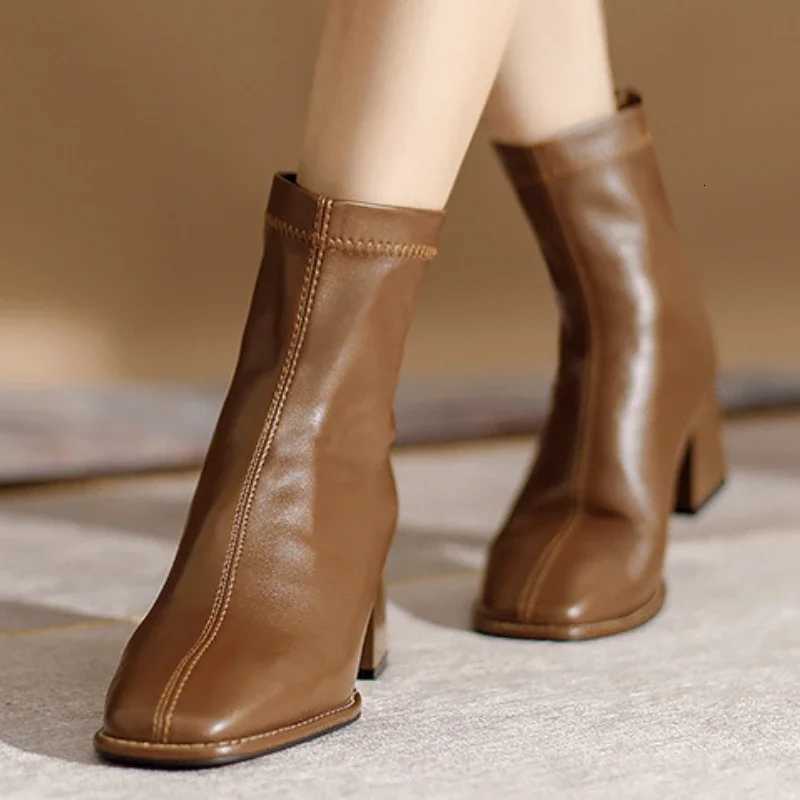 Square toe women ankle boots flock stretch shoes thin mid heels blackbrownbeige back zipper dress sock boots woman size 3440 Z251029