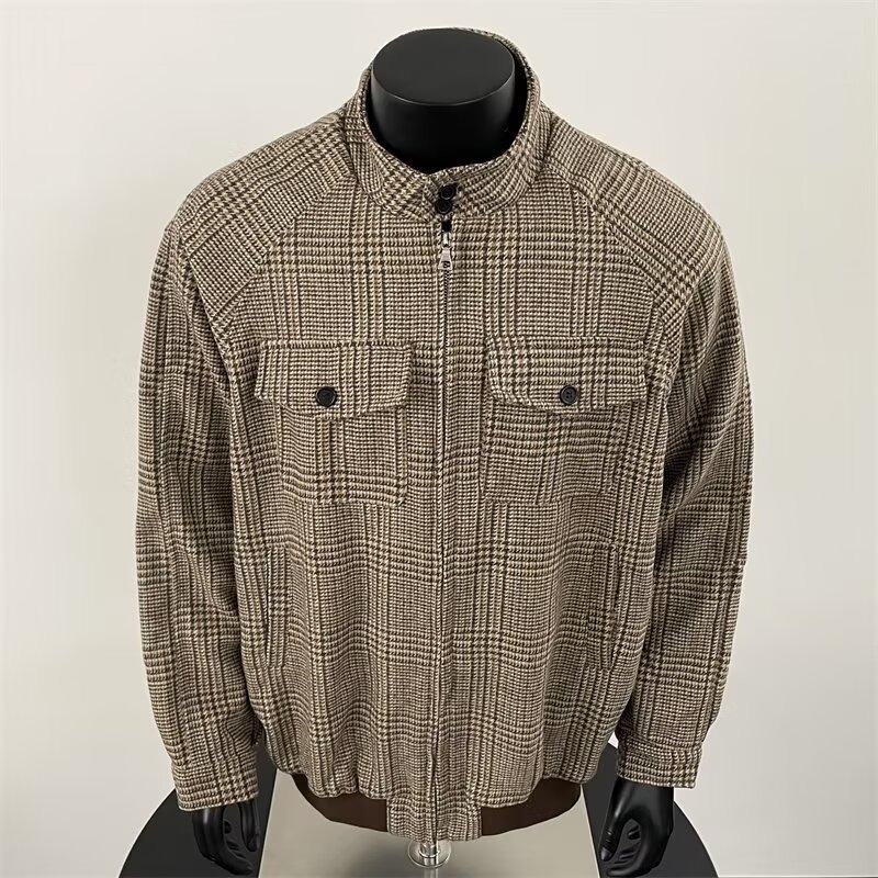 High-end Houndstooth Woolen Jacket Men's Trendy Designer Jacket Short Coat American Stand Collar Baseball Jacket