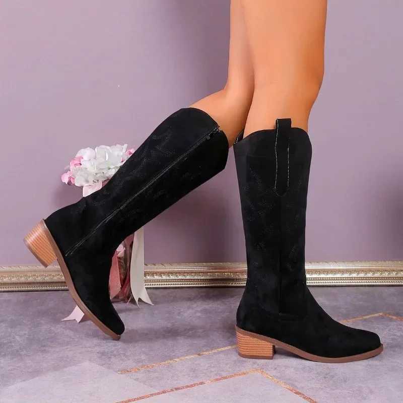 Spring and Autumn Thick Heel V Mouth Show Thin Tall Long Boots Embroidered Retro Western Cowboy Boots Restore Ancient Style Z251029