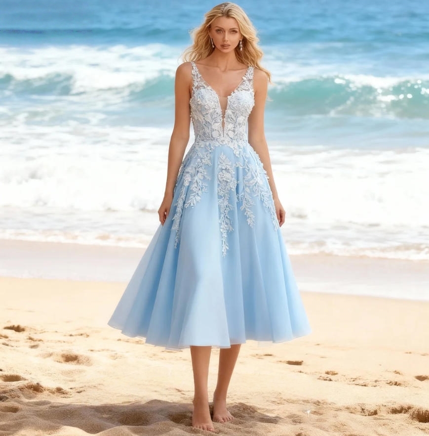 Light Sky Blue Beach Wedding Dresses Tea Length A-Line Tulle Bridal Gowns With Ivory Lace Appliques Straps V-Neck Sleeveless Vacation Bride Dress 2026