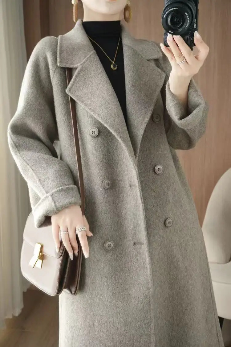 Dark Gray DoubleSided Woolen Coat For Women In Autumn And Winter Hepburn Style HighEnd Mid Length Jacket 251028