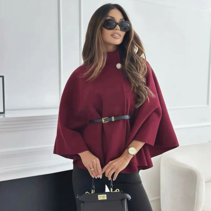 MUJER Belt Poncho Capes Women Black Cloaks Winter Coats Woman 2025 Bat Sleeve Cape Coats for Women Fashion Womens Cape Jacket 251029