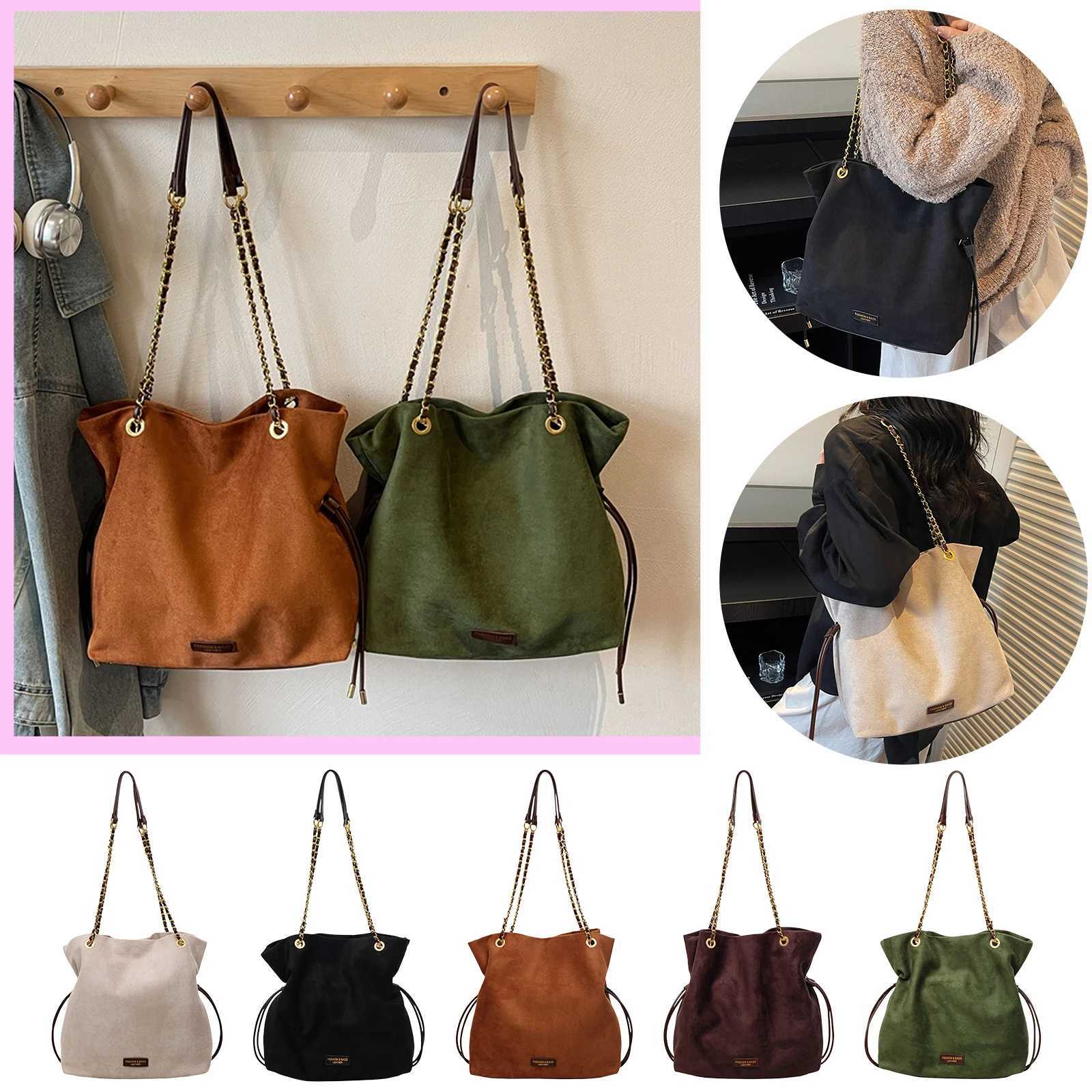 Faux Suede Bucket Bag Hasp Closure Small Tote Bag with Chain Strap TopHandle Purse Drawstring for Women Work Travel W251029