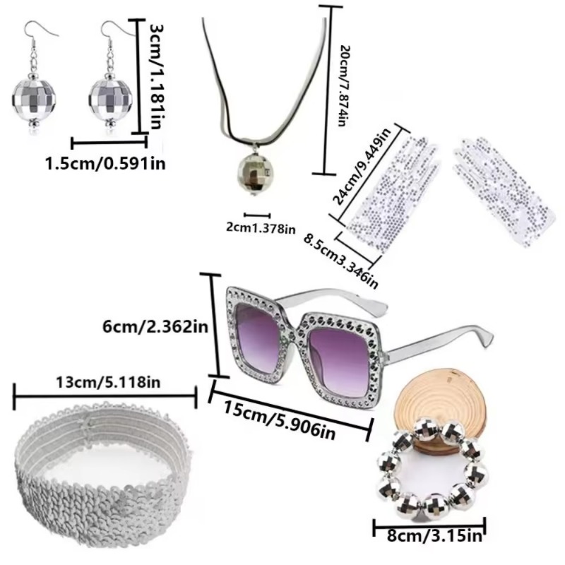 A collection of 6 disco accessories: mirror ball earrings, necklaces, bracelets, sunglasses, and sequined belts. Suitable for stage performances and w