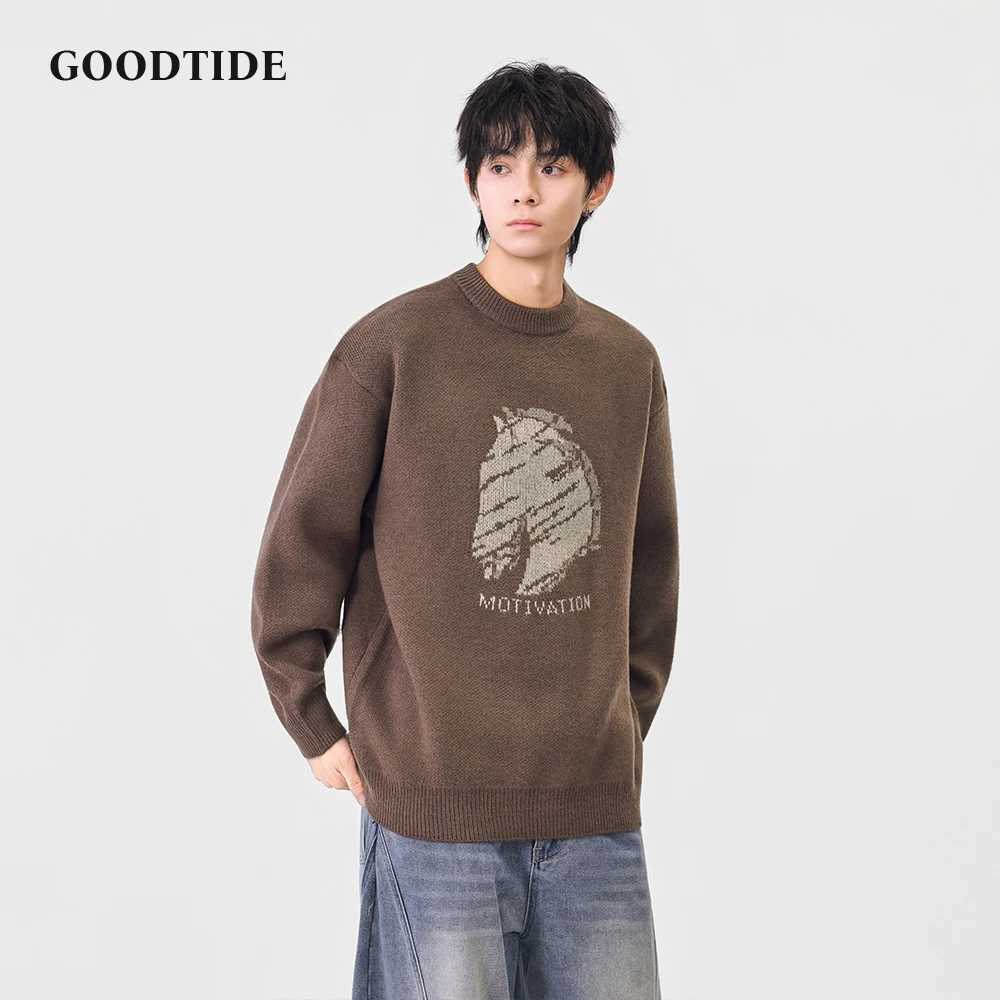 Fashion Mens Casual Crew Neck Sweater 2025 Winter New Horse Head Pattern Letter Print Knitted Pullover Soft Long Sleeve Top J251029