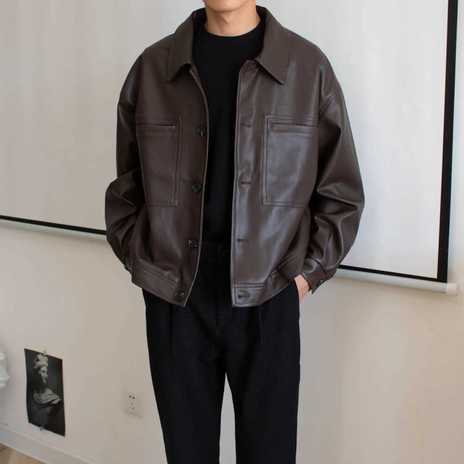 Spring Autumn Korean Style New Fashion Mens Turndown Collar Long Sleeve Breasted Solid Color Faux Leather Coats Male JacketsT251029