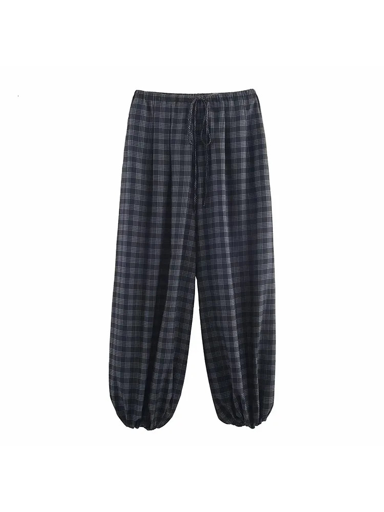 Womens Autumn Fashion Versatile Ramie Bloomers Plaid Printed Loose Pants Female HighWaist Drawstring Casual Trousers 251029