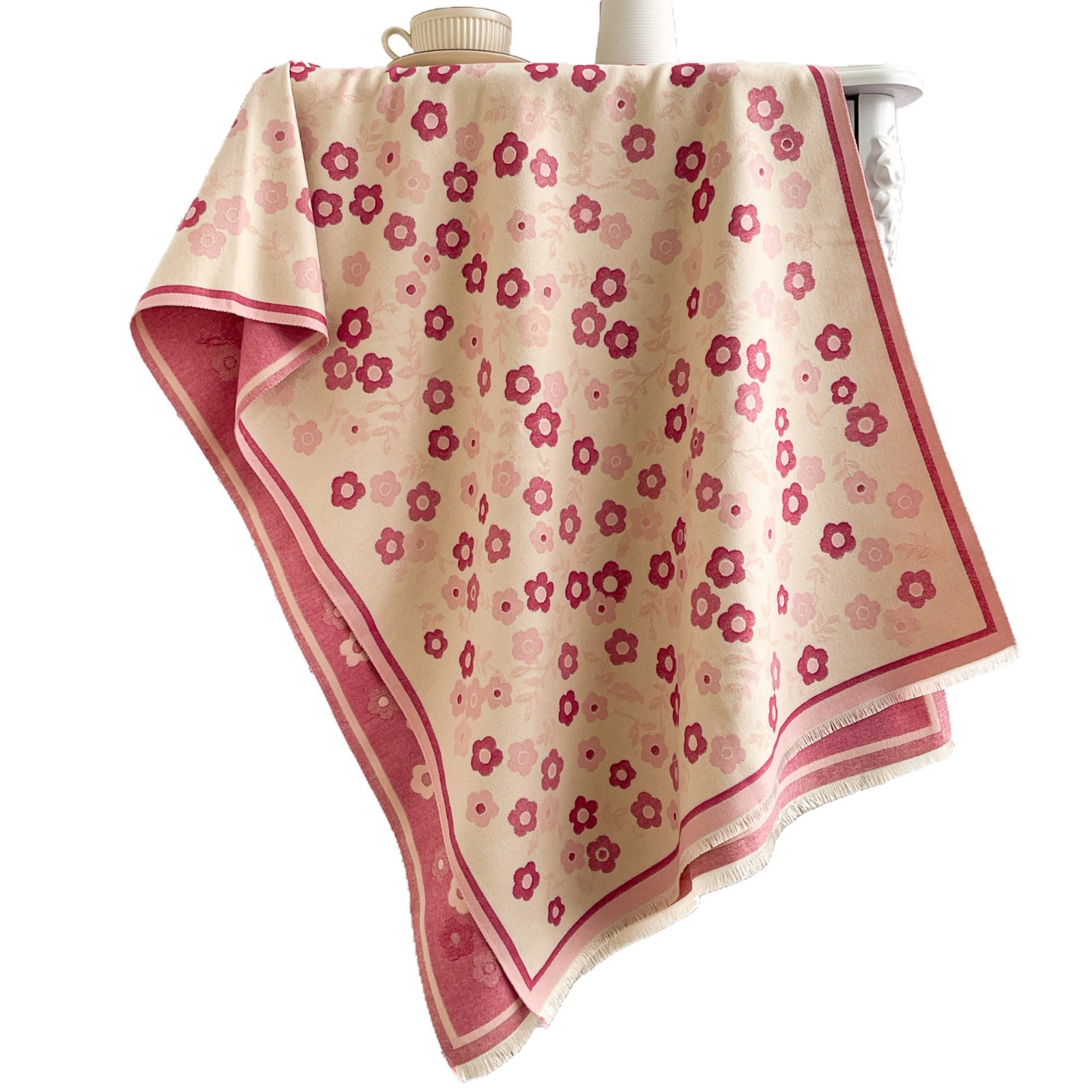 Double-Sided Classic Faux Cashmeres Scarf For Women With Floral Splintered Color And Thick Jacquard Shawl
