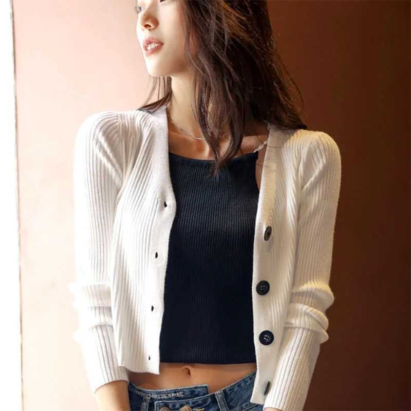 Womens Knitted Cropped Cardigans Autumn New Korean AllMatch VNeck Knitwear Jacket Ladies Solid Color SingleBreasted SweatersT251028