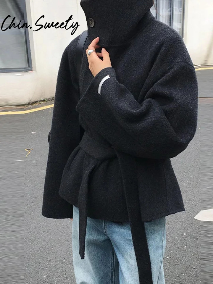 Urban Woolen Belt Women Coat Casual Long Sleeve Button Patchwork Female Jacket Autumn Winter Fashion Lady Streetwear 251028