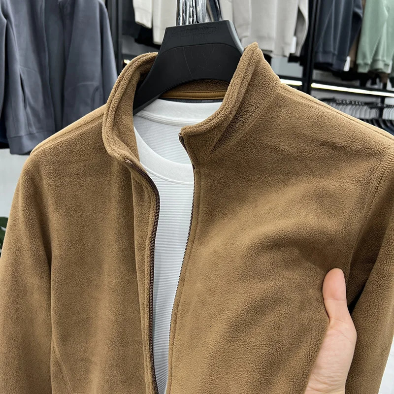 Mens DoubleSided Fce Hoodie Jaet Pure Color Warm Stand Collar Coat Winter Thiened Polyester Long Sve Casual Sle 251029