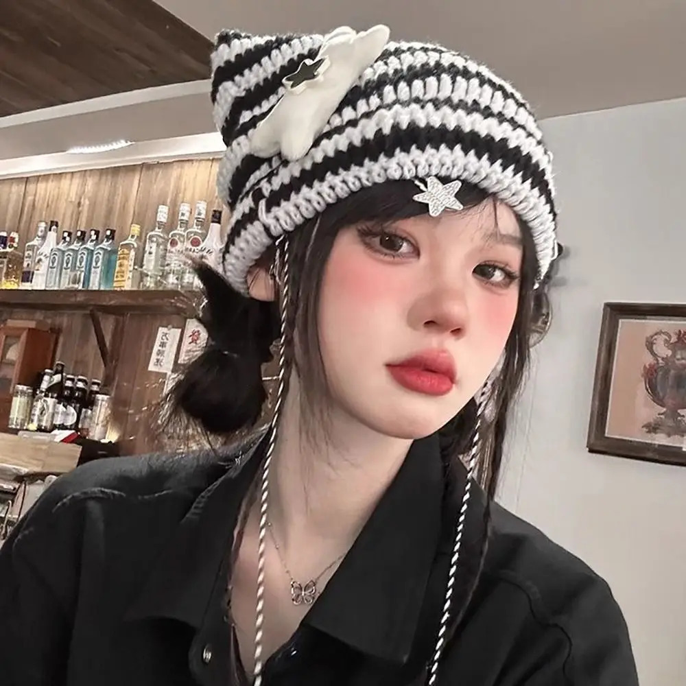 Y2K Beanie Hat Ins Devil Ear Striped Knitted Wool Cap Autumn Winter Hiphop Crochet Cute Cat Ears Pointed Pullover Womens Hats 251029