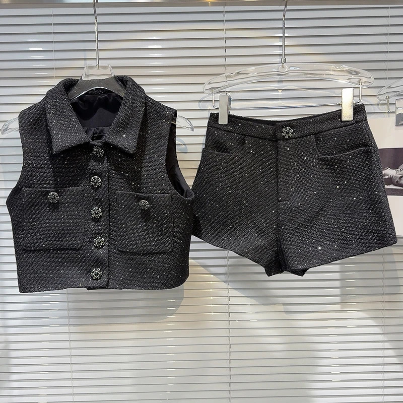French Singlebreasted Sequined Woven Short Vest Women Diamondencrusted Shorts Twopiece Set Temperament Socialite Party Sets 251029