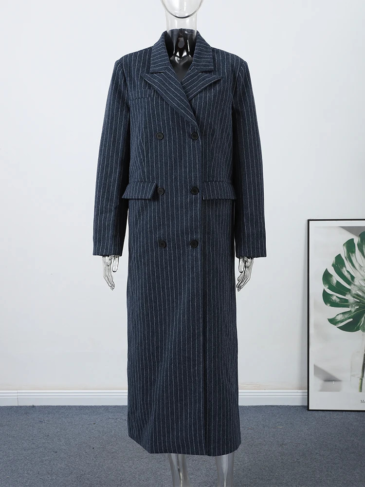 Elegant Striped Long Woolen Coat Women Shoulder Pads Lapel Double Breasted Full Sleeve Overcoat Autumn Winter Warm Outwear 251028