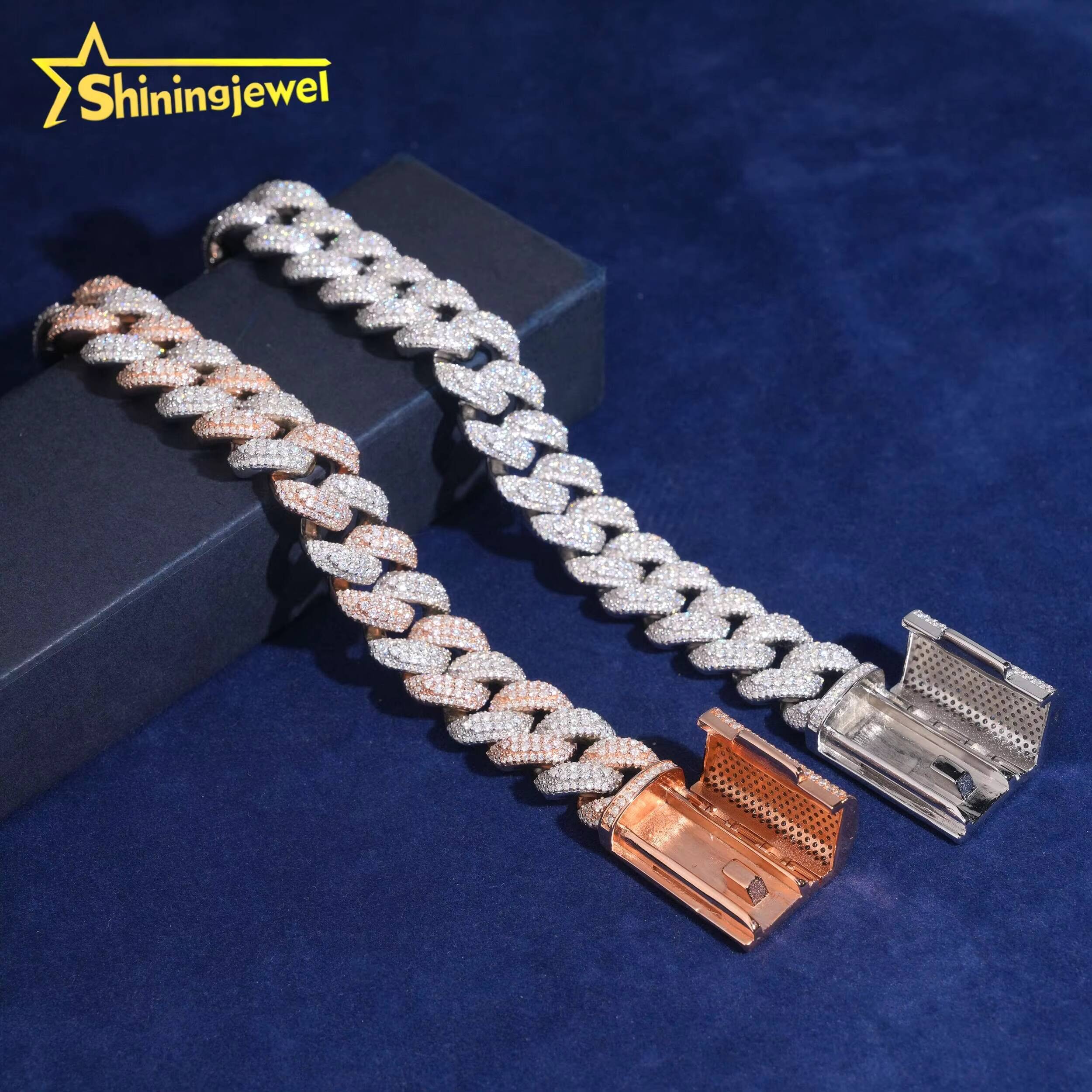 Two Tone Silver and Rose Gold Plated Hip Hop Iced Out S925 16mm Moissanite Pass Diamond Test Shining Cuban Link Bracelet