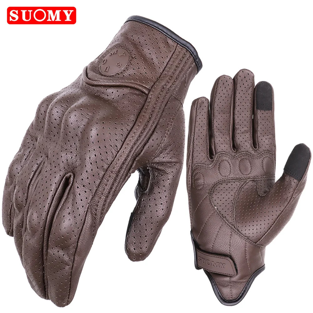 SUOMY Summer Perforated Motorcycle Gloves Retro Brown Real Leather Cafe Racer Motorbike Touchscreen Scooter Guantes 251013