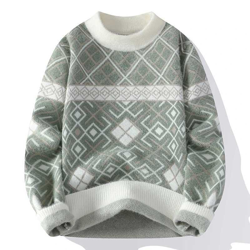 Retro Pattern 2025 Trendy Mens Knitted Sweater Fashionable AutumnWinter Round Neck Warm Top High Street Style Sweater J251029