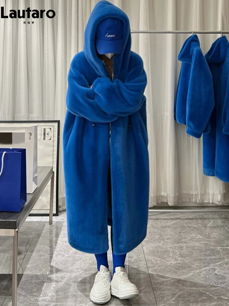 Lautaro Winter Long Oversized Warm Thick Blue White Fluffy Faux Fur Coat Women with Hood Loose Casual Korean Style Fashion 251029
