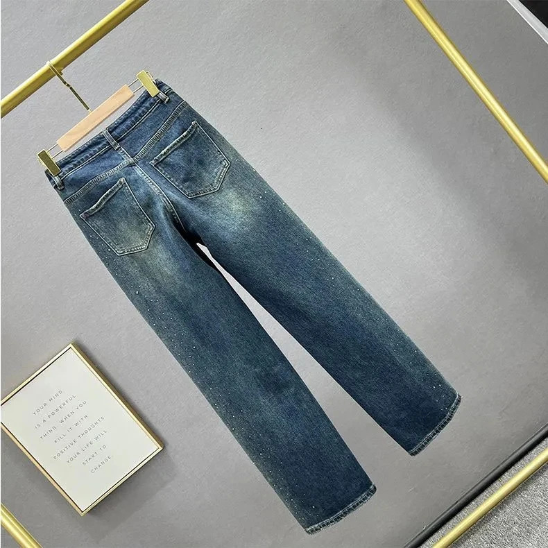 Heavy industry Denim diamond Studded Wide leg pants For women 2025 Autumn High waisted Loose Straight leg Jeans Female 251029