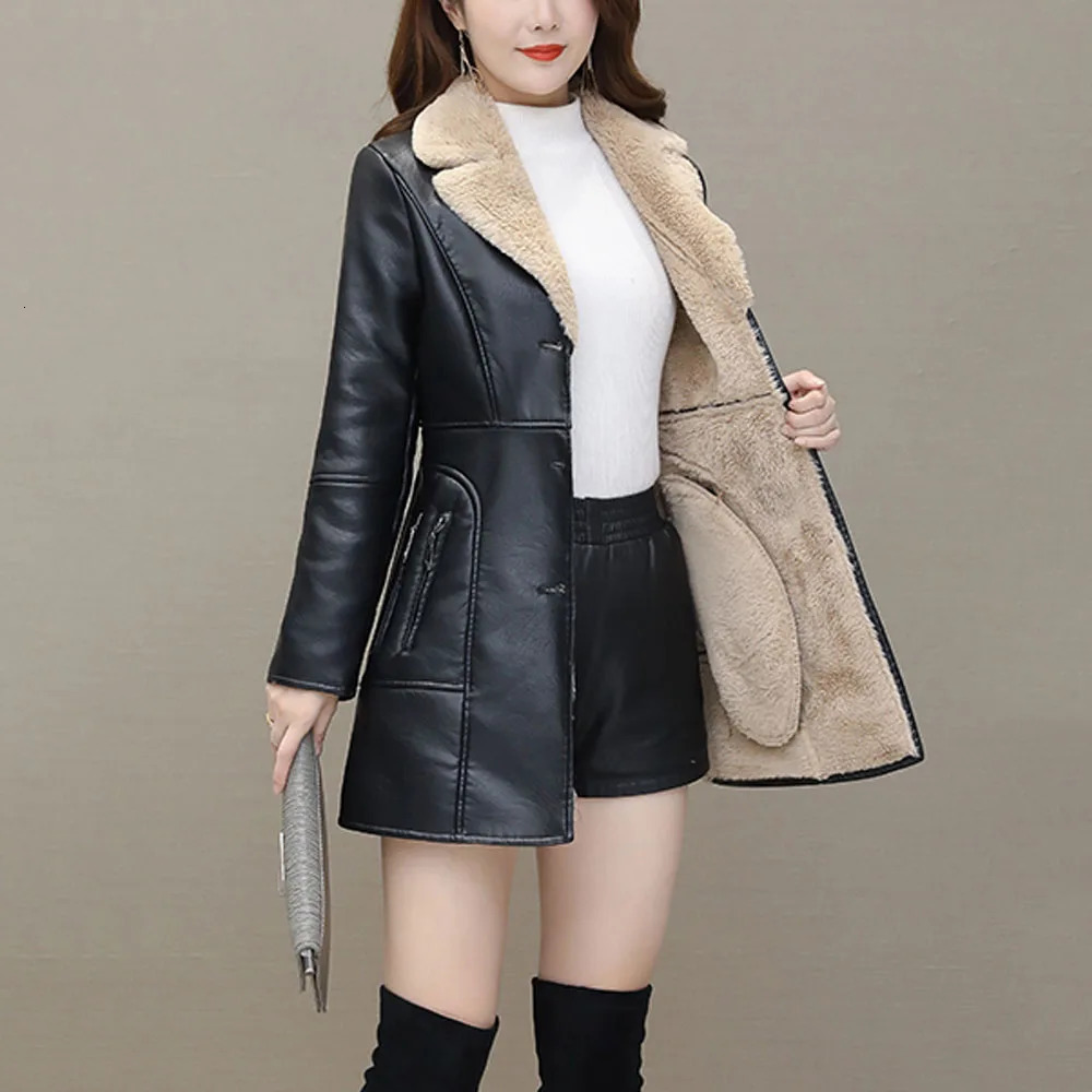 Womens Leather Windbreaker Plus Velvet Thick PU Leather Cotton Coat Long Suit Collar Large Size Fashion Warm Leather Jackets 251029