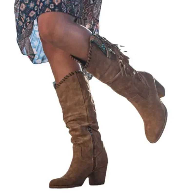 Retro Womens High Heel Boots Metal Buckle Pointed Toe Thick Heel Tassel Western Cowboy Women Boots 2025 Large Size Womens Shoes Z251029