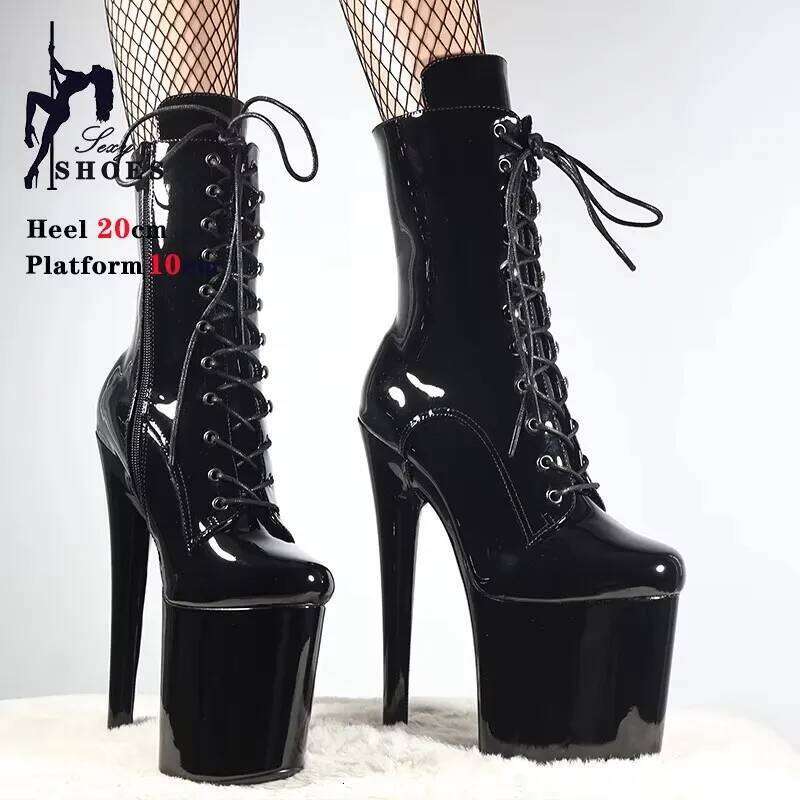 Sexy Shine Patent Leather Women 15 17 20cm/8inchs Extreme High Heels Platform Boots Lace Up Stripper Pole Dancing Shoes