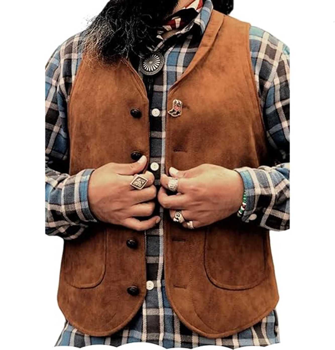Mens Suede Leather Vest Cowhide Waistcoat Man Western Cowboy Vests with Pockets W251029