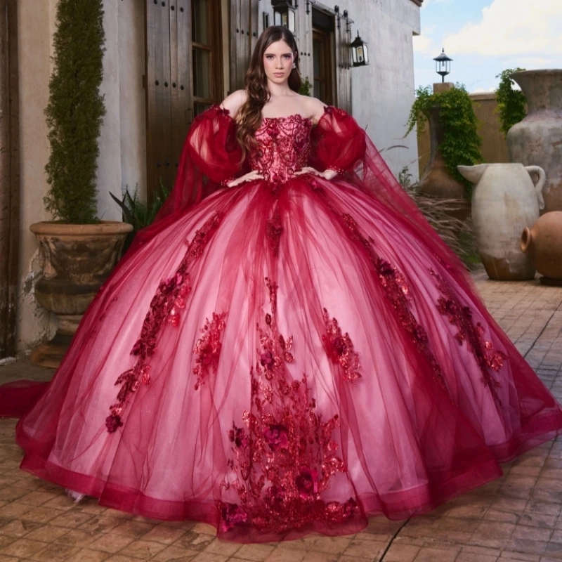 Red Ball Gown Quinceanera Dresses Off The Shoulder Applique Flower Beads Bow Tull Party Birthday Sweet 16 Dress Vestidos De 15