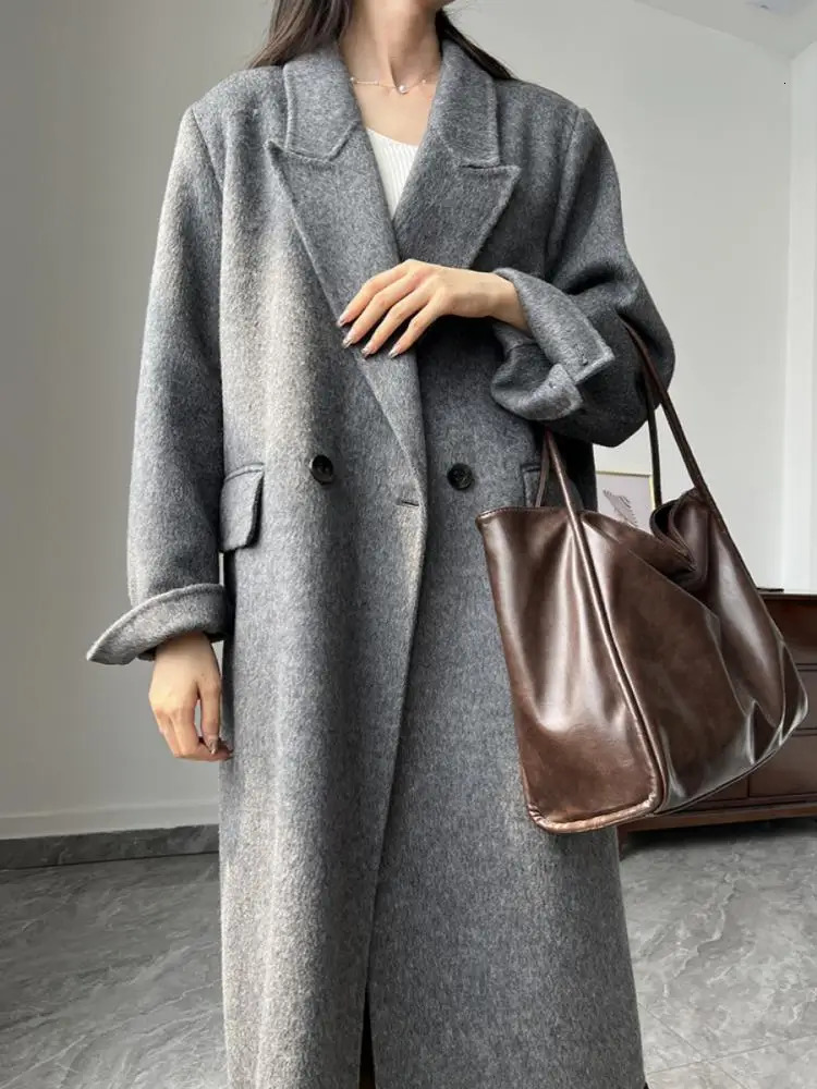 Office Lady Woolen Jackets Autumn And Winter Suit Collar Double Breasted loose Long Womens 100 Wool Coats 251028