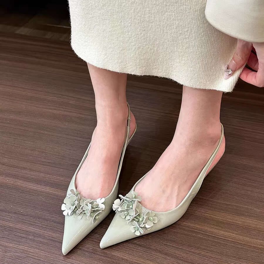 Green Floral 2025 New Pointed Toe Flower Shallow Mouth Sandals for Designer Shoe Women Spring Summer Open Heel Women's Single Shoes