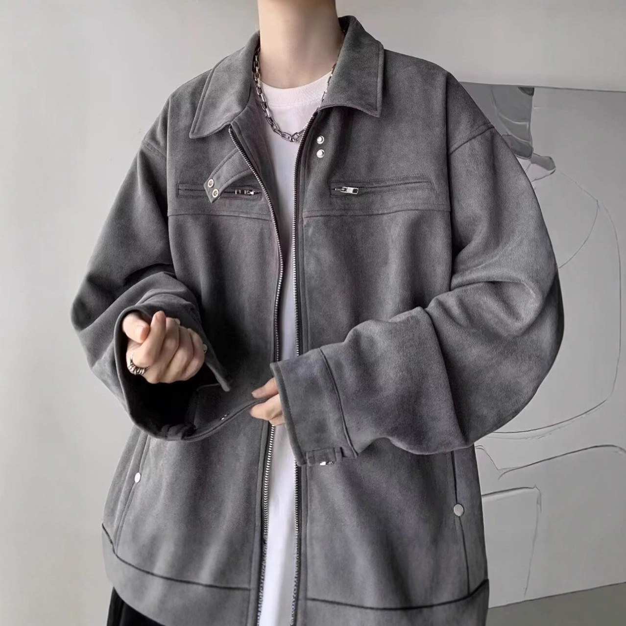 Suede Collar Jacket Men's Spring And Autumn New Trend American Designer Jacket Style Casual Clothing