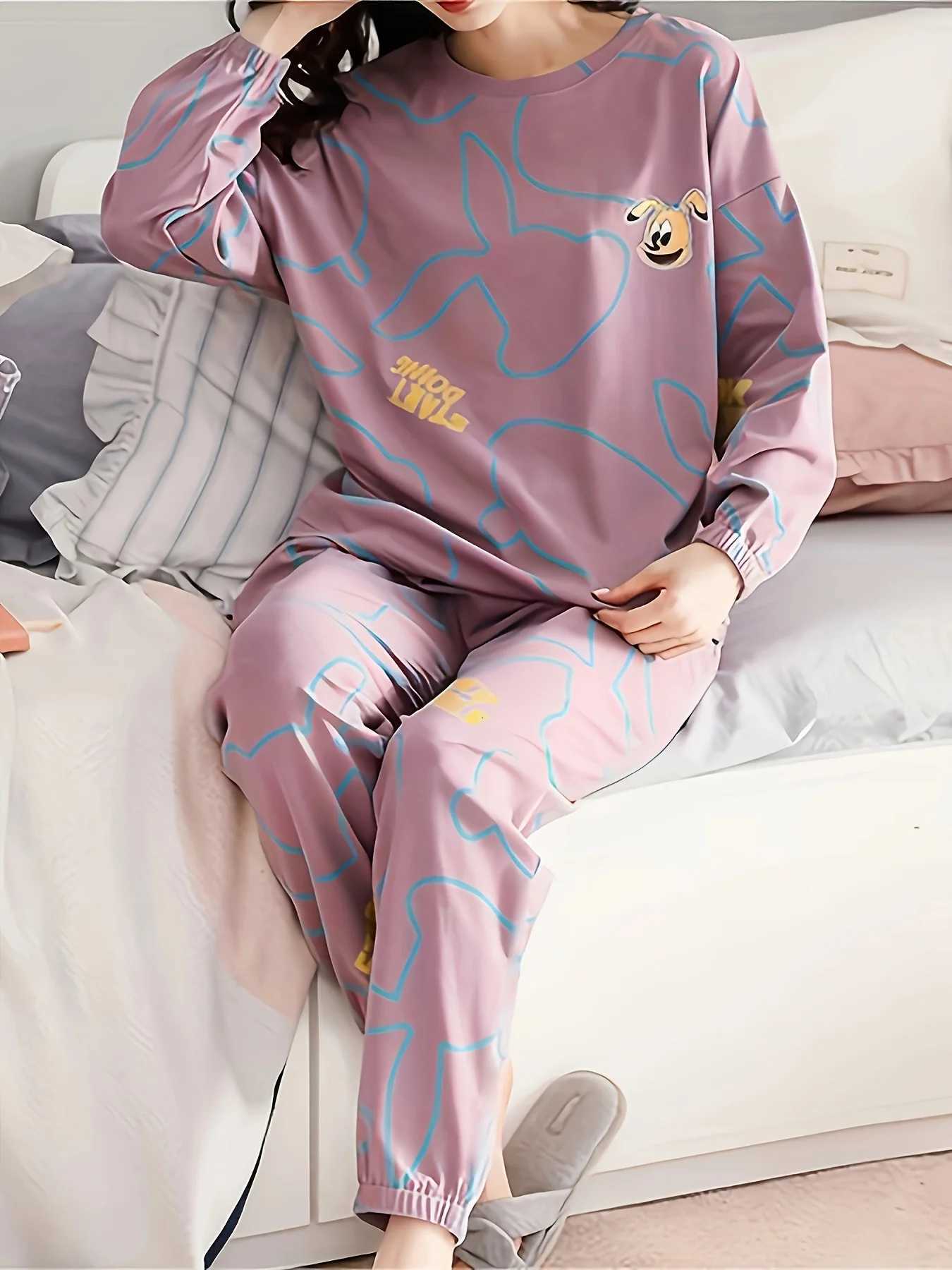 Womens AutumnWinter Pajama Set Long Sleeve Long Pants with Crew Neck Pullover TopT251029