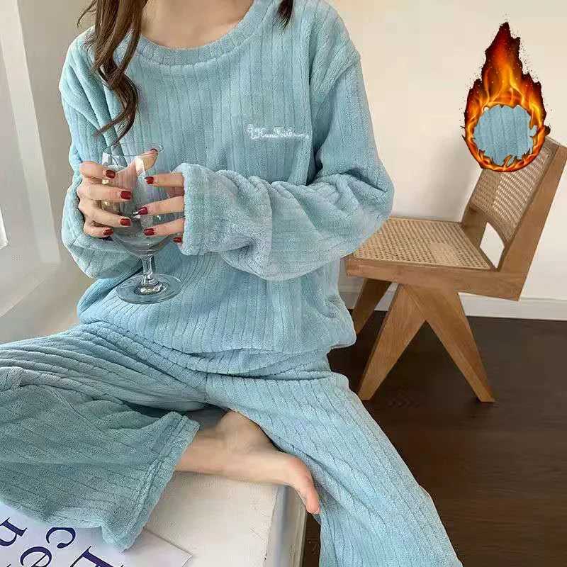 Autumn Women Solid Warm 2 Piece Sets Thicken Velvet Ribbed Fleece Set Pullover And Pants Women Casual Pajama Sets 2024T251029