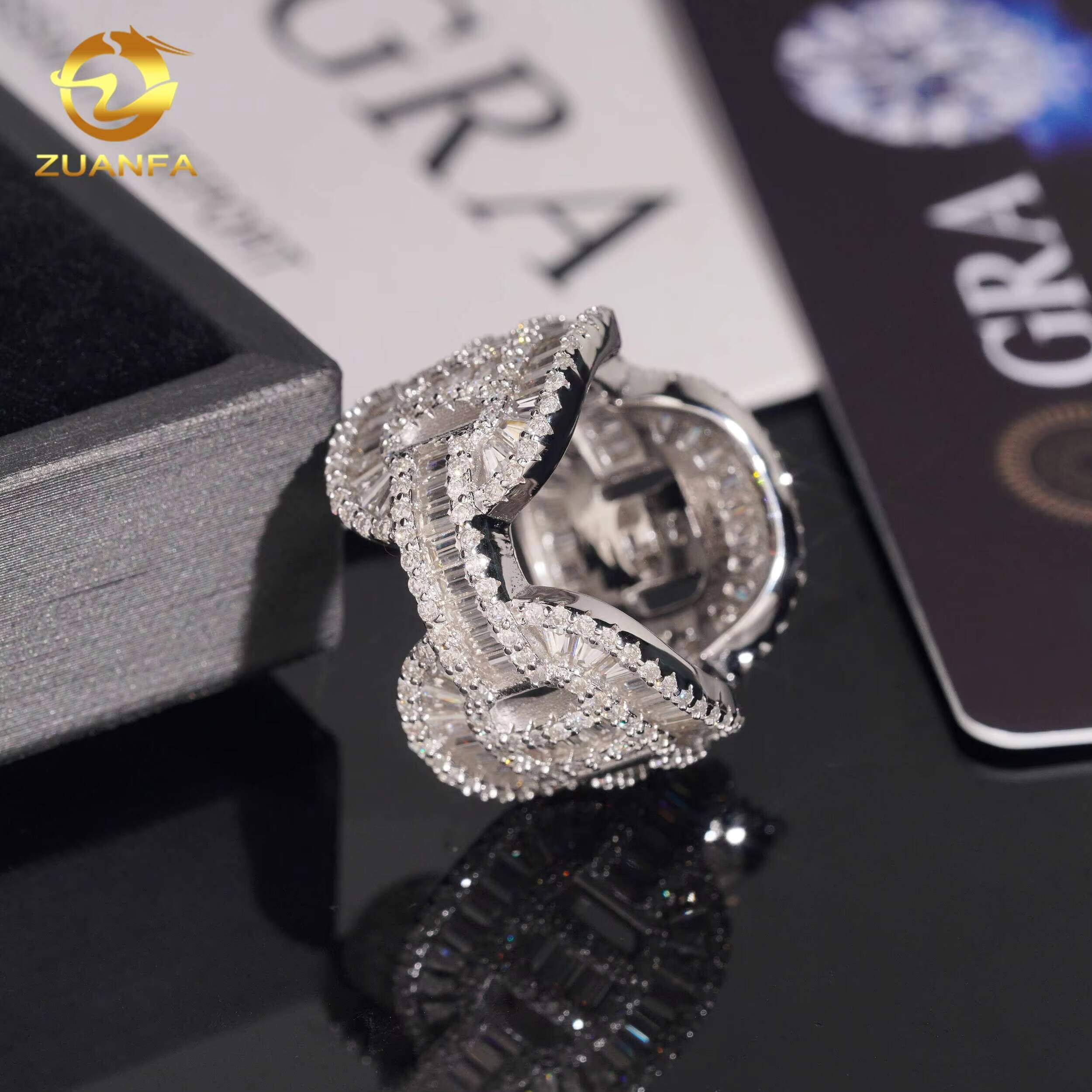 Hip Hop Style Pig Nose Baguette Cut Moissanite Men Diamond Rings 925 Silver Ice Out Ring Hip Hop Ring