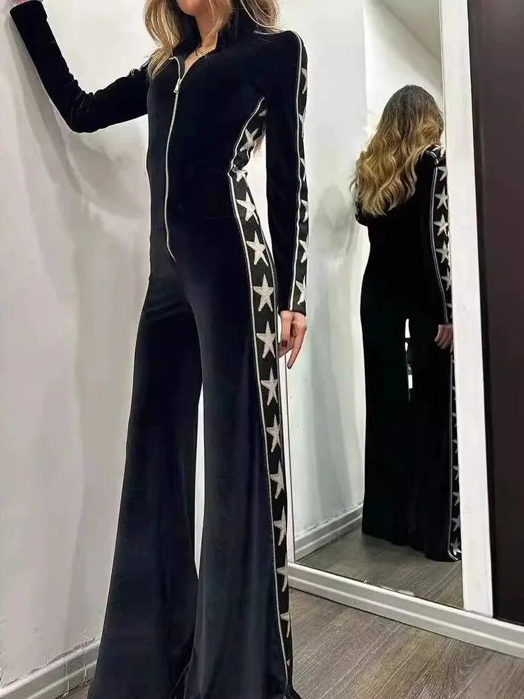 Spring Elegant Print Splicing Playsuits Autumn Fashion Lapel Vneck Velvet Jumpsuit Womens Casual Long Sleeve Slim Romper 251028