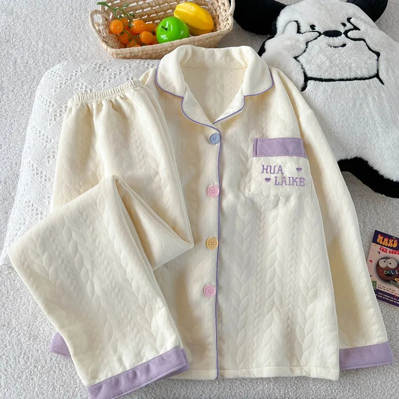 Embroidery Letter Fashion Womens Pajamas Set Autumn Winter Casual Soft Sweet Loungewear Lapel Neck HomeWear Suit 251029