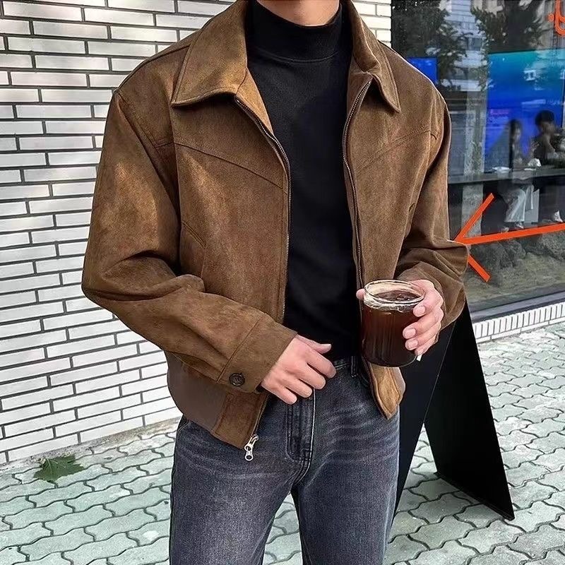 Autumn Winter Korean Men's Short Loose Turn-down Collar Zipper Suede Flight Designer Jacket Jacket Coat Trendy
