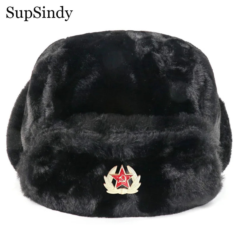 SupSindy Soviet Badge Ushanka MenWomen Bomber Hats CCCP Army Pilot Trapper Trooper Hat Winter Faux Rabbit Fur Earflap Snow Caps 251013