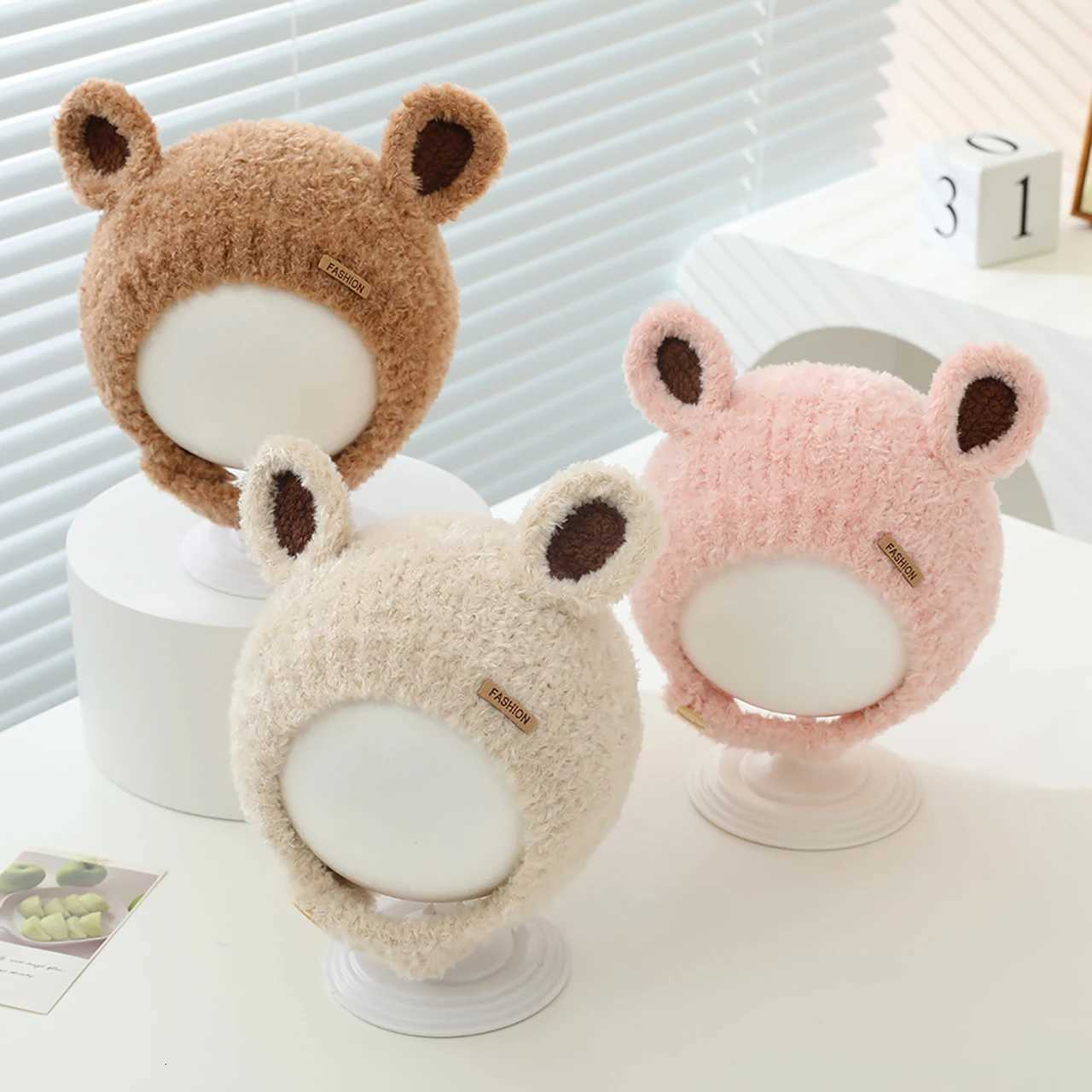 Autumn Winter Baby Plush Knitted Hat With Ears Solid Color Warm Ear Protection Cap Outdoor Windproof Toddler Kids Earflap Beanie251028